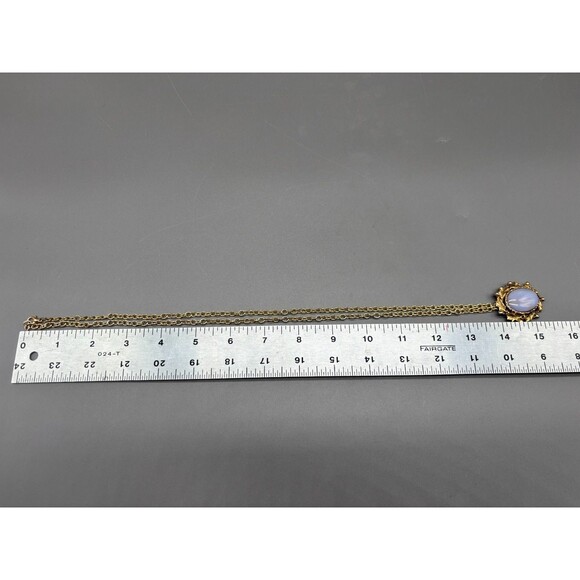 Vintage Blue Chalcedony Agate Cabochon Pendant Necklace Gold Tone Ornate 28" - Picture 9 of 9